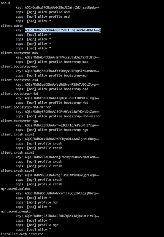 스토리지 클러스터 admin key 확인